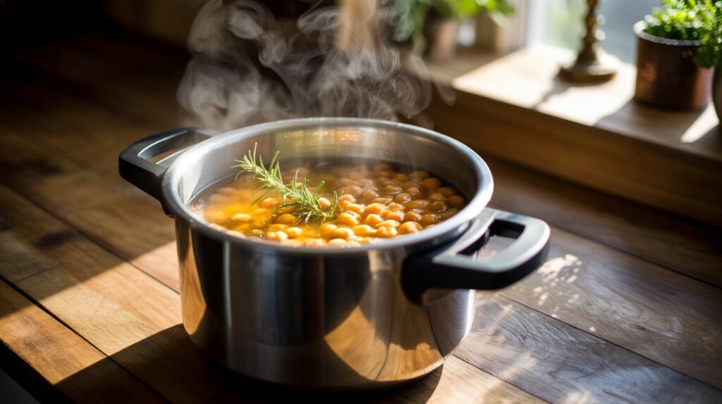 Pressure cooker with steam coming out cooking black chickpeas tari wale chane authentic method