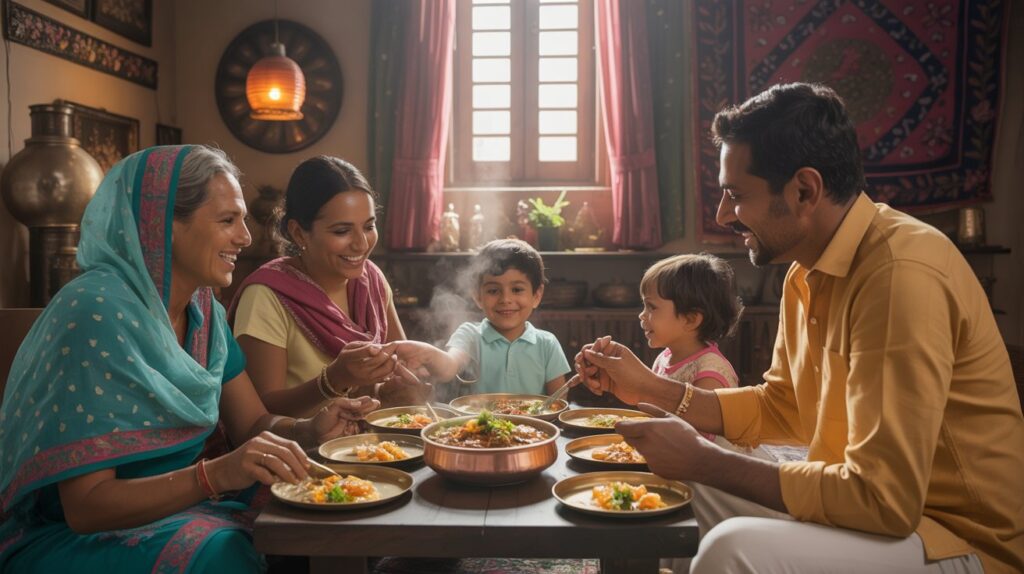 Indian family sharing traditional meal with Tari Wale Chane showing authentic dining experience